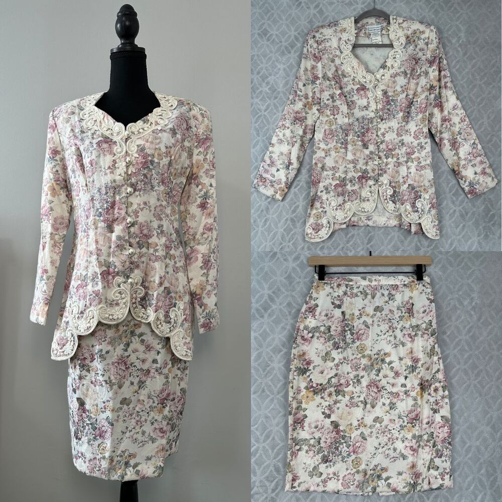 Vtg 80s Scott McClintock Skirt Suit Set 8 Floral Brocade Blazer Jacket Lace USA
